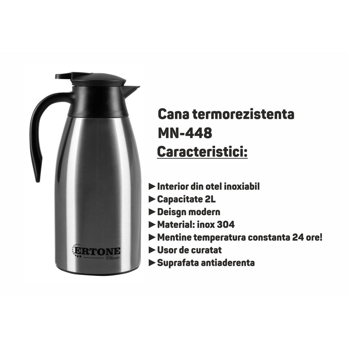 Cana termorezistenta ERTONE MN-448, de 2L, design modern, Inox
