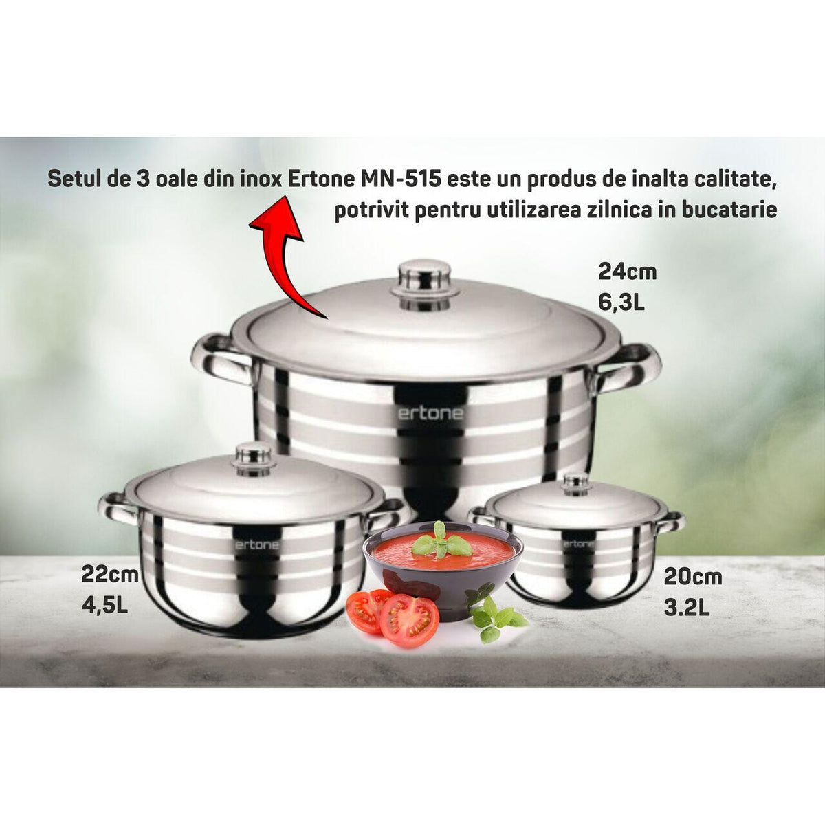 Set 3 oale din inox Ertone MN-515 cu 3 capace din sticla, 20cm/3.2L, 22cm/4,5L, 24cm/6,3L, Inox
