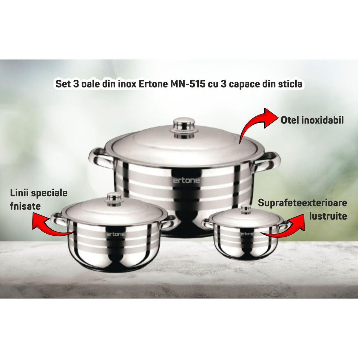 Set 3 oale din inox Ertone MN-515 cu 3 capace din sticla, 20cm/3.2L, 22cm/4,5L, 24cm/6,3L, Inox