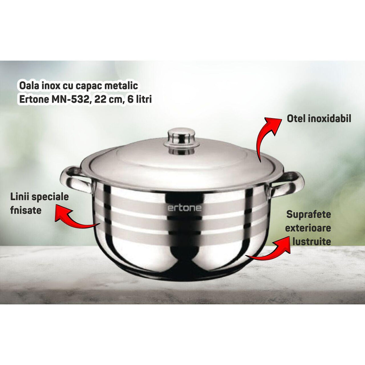 Oala inox cu capac metalic ERTONE MN-534, 24 cm, 6.3 L