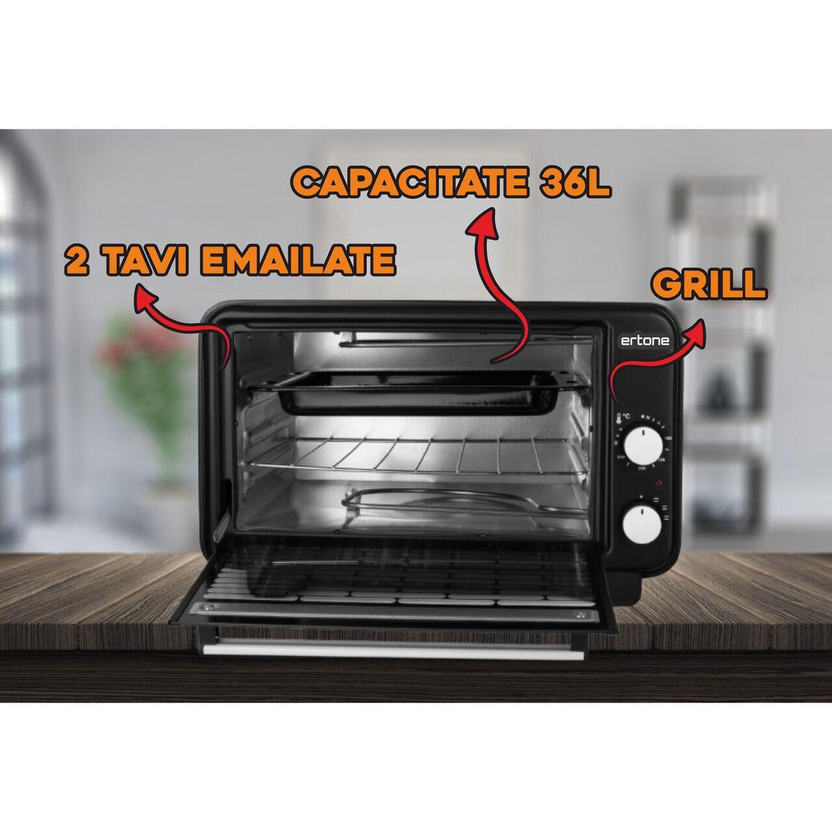 Cuptor electric Ertone MN9135NG, 36L, 1420W, Termostat, 2 Tavi, Negru