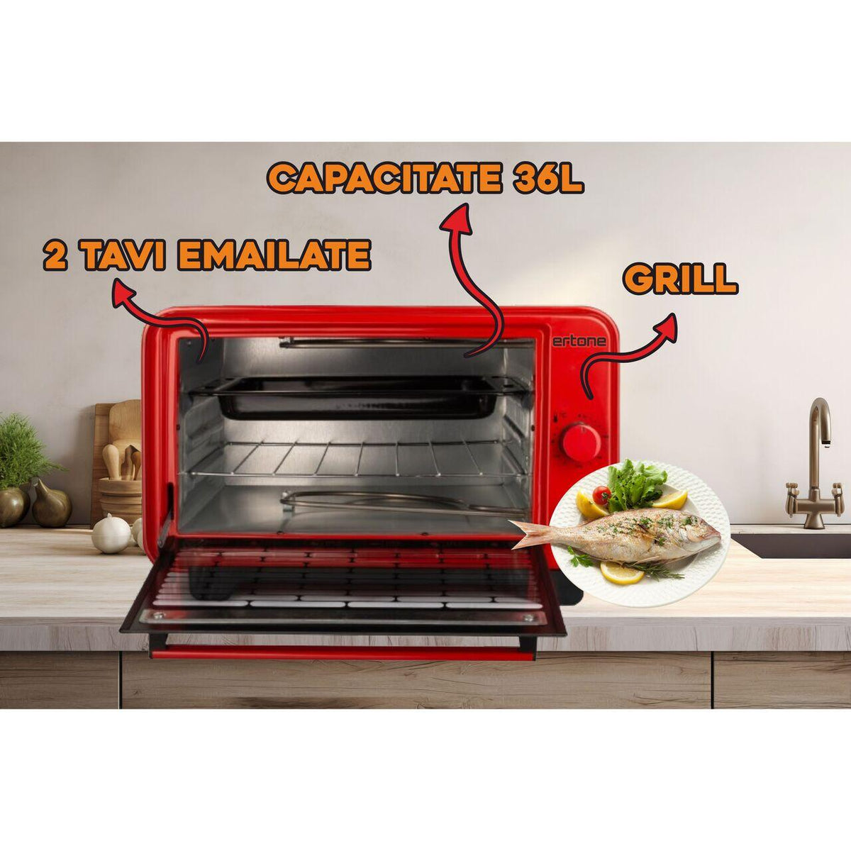 Cuptor electric Ertone MN9135RS, 36L, 1420W, Inaltime reglabila, 2 Tavi, Rosu