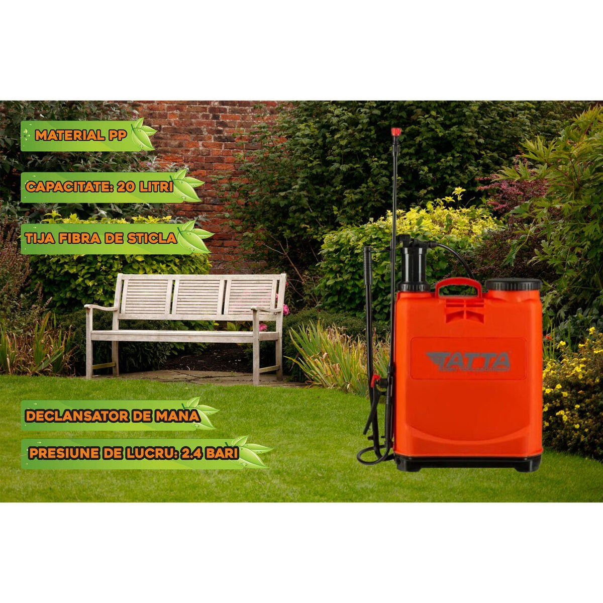 Pompa pentru stropit (vermorel) Tatta TP-20D1M, actionare manuala, 2.4 bari, rezervor tip rucsac, 20L
