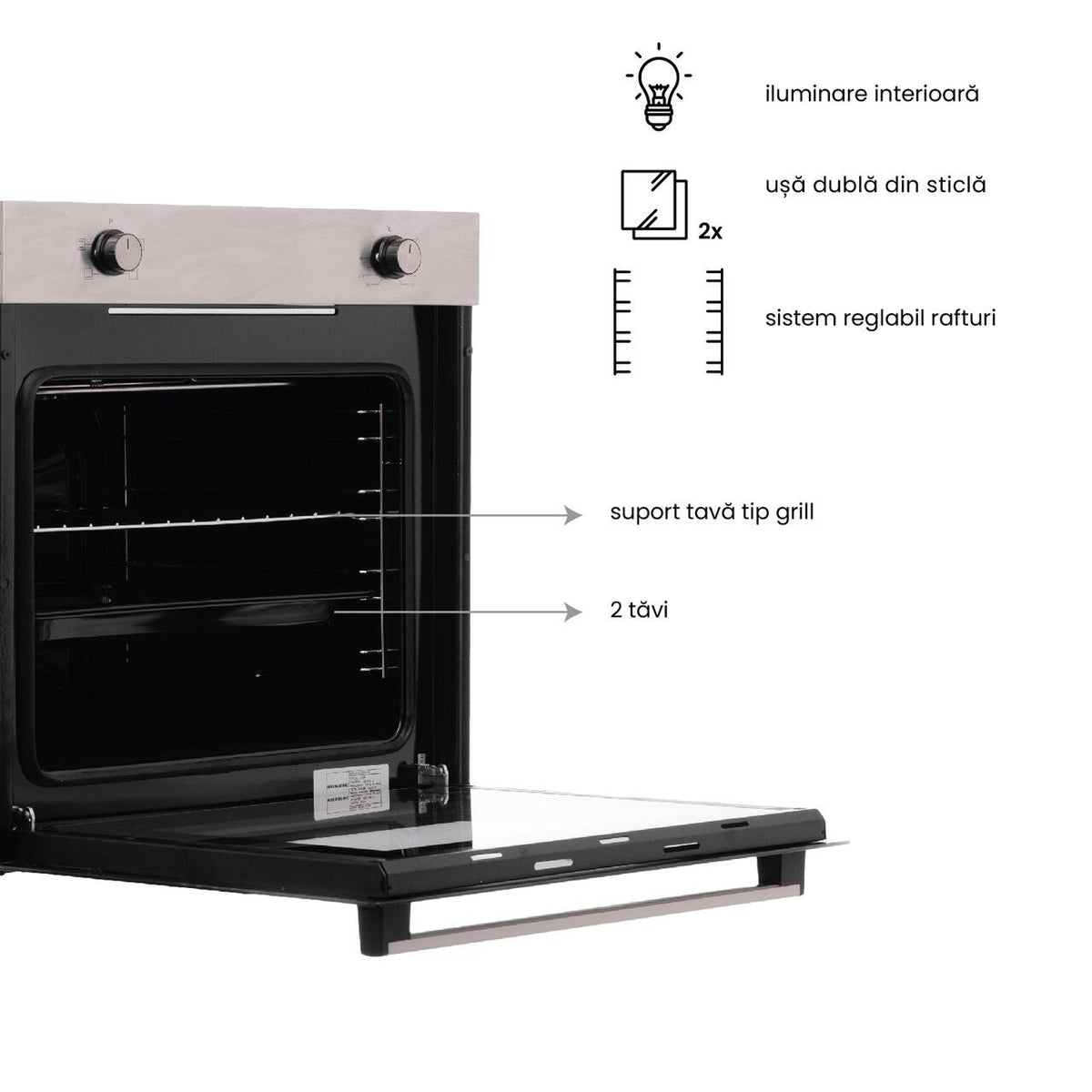 Cuptor incorporabil Hausberg HB-8051IN, Electric, Putere 2225W, 76 l, 4 Functii, Clasa A, Negru/Inox