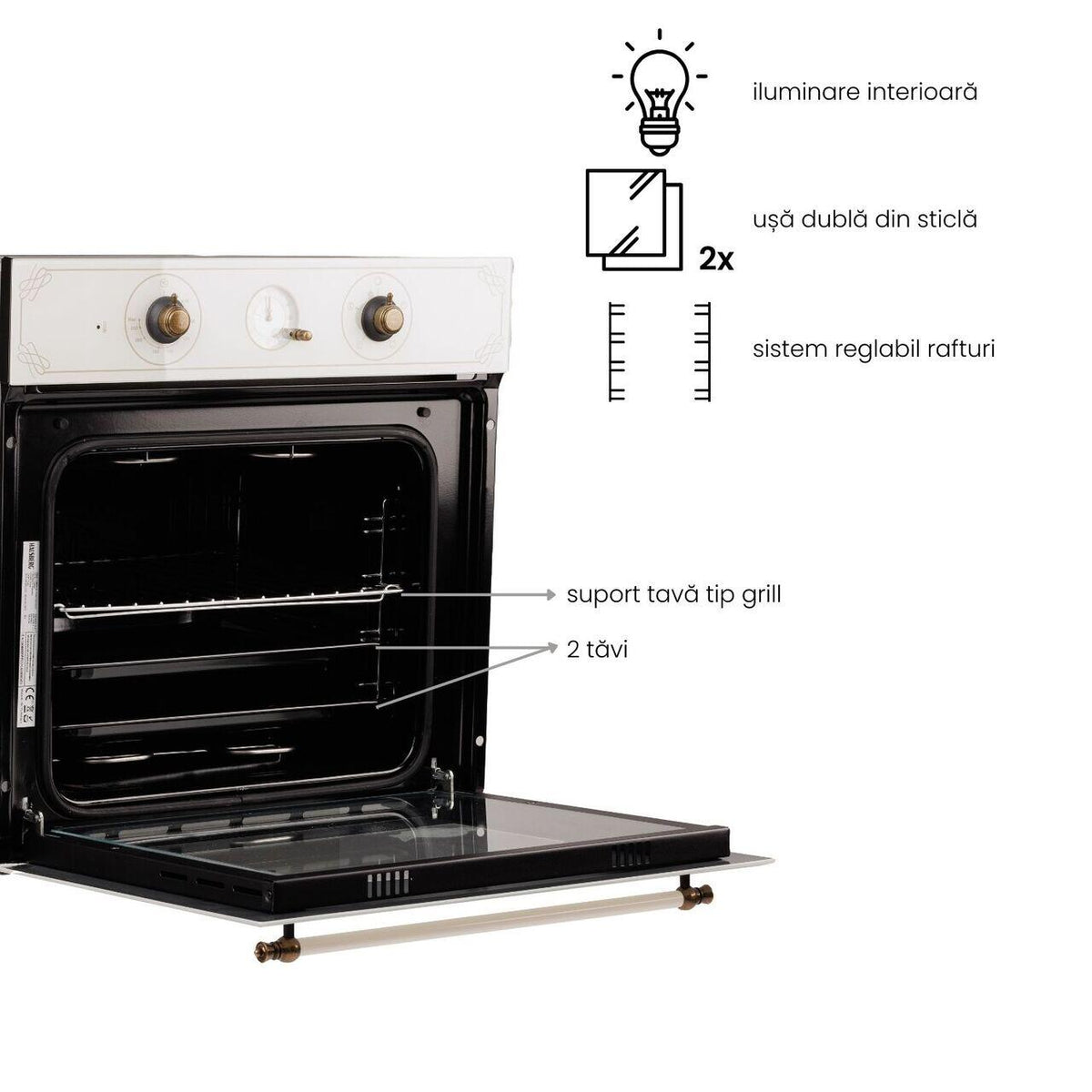 Cuptor incorporabil rustic Hausberg HB8050RST, 57L, putere 2000W, culoare bej rustic