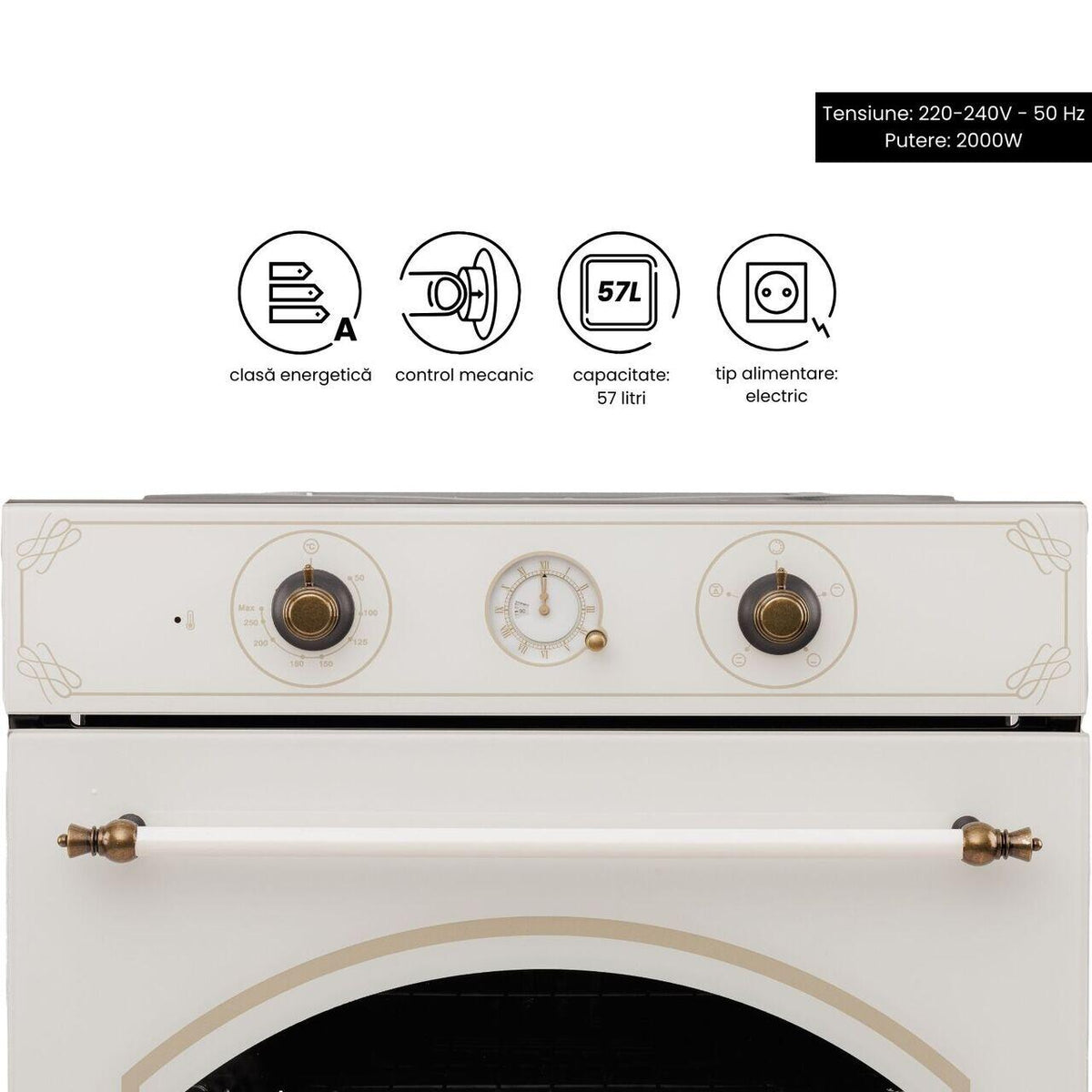 Cuptor incorporabil rustic Hausberg HB8050RST, 57L, putere 2000W, culoare bej rustic