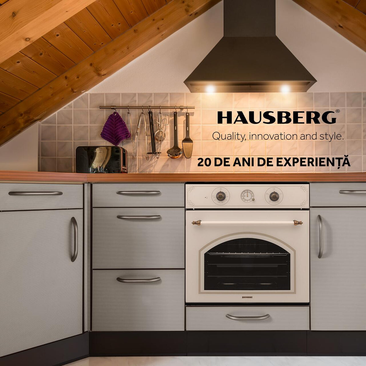 Cuptor incorporabil rustic Hausberg HB8050RST, 57L, putere 2000W, culoare bej rustic