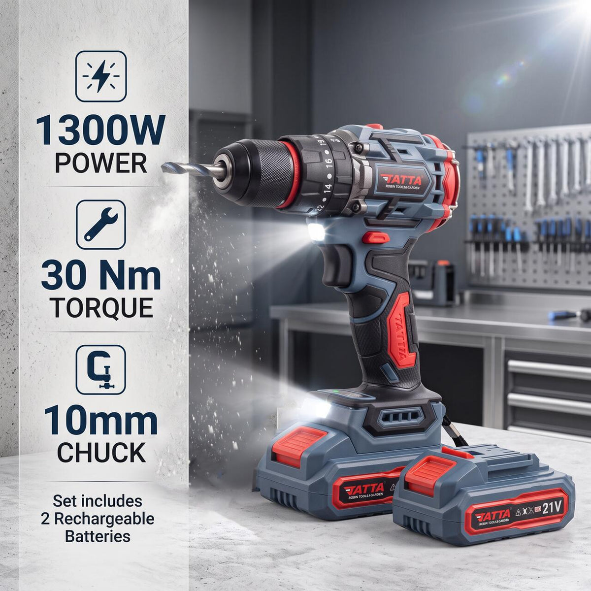 Mașină de Găurit Electrică Tatta TD5320, 21V, 1300W, 30 Nm, 0-3000 RPM, Mandrină 10 mm, Include 2 Baterii