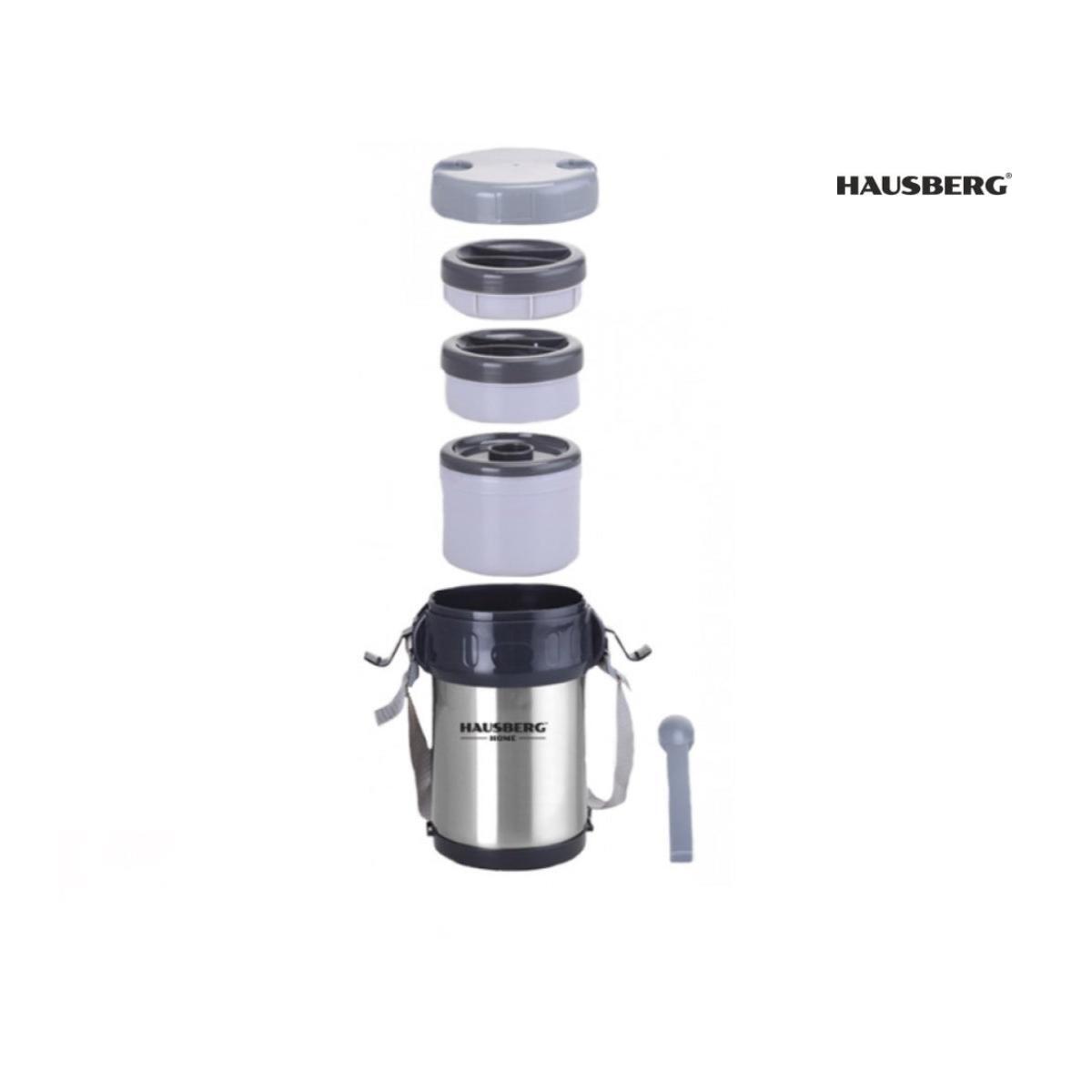 Cutie de pranz Thermos Hausberg HB H1461, 2 litri, otel inoxidabil, 3 recipiente separate, lingura, furculita, inox