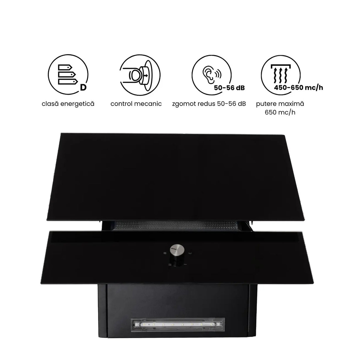 Hota Incorporabila decorativa Hausberg HB-2285NG, 163W , Filtru aluminiu, Putere de absorbtie maxim 650 m3/h, 60 cm, Negru
