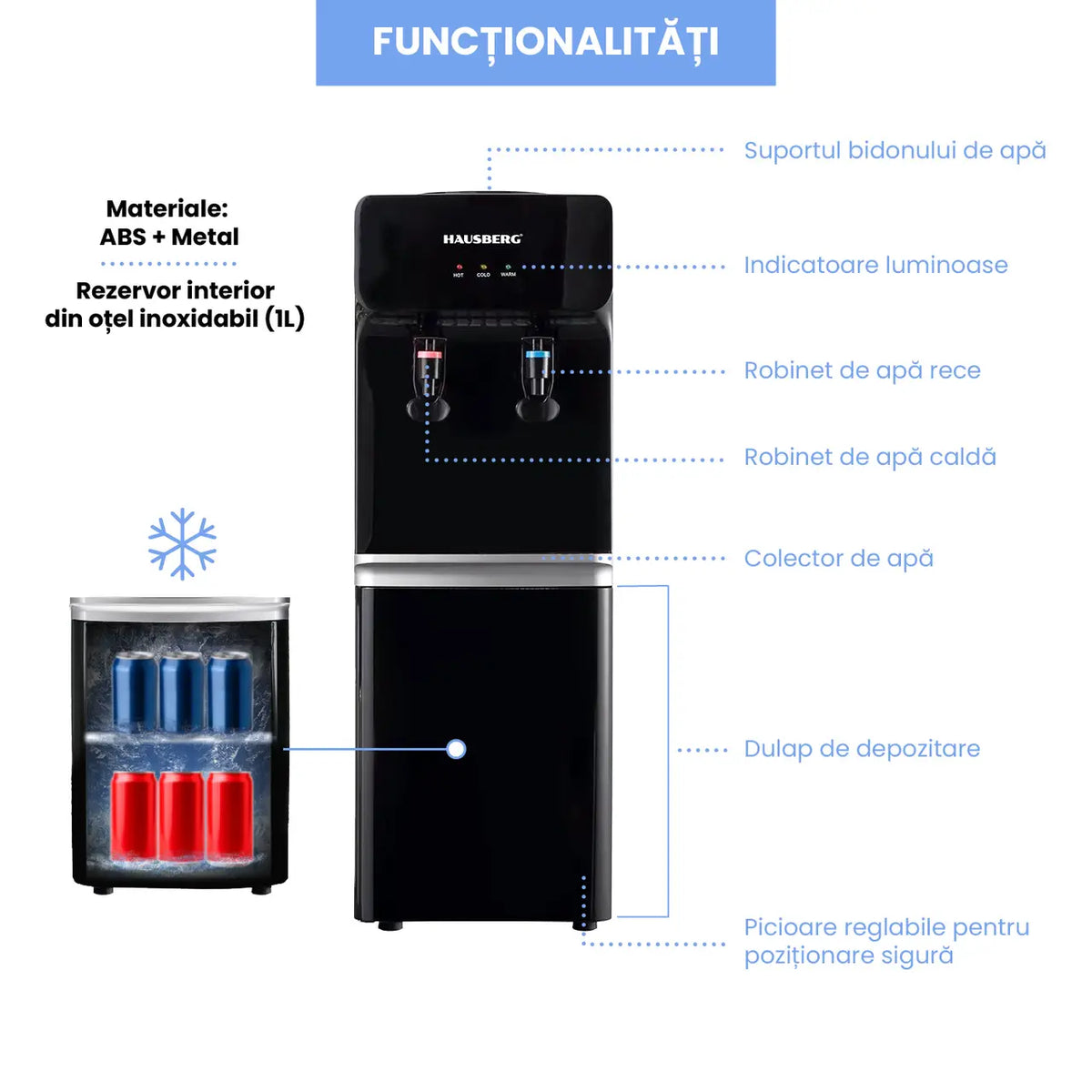 Dozator apa de podea HAUSBERG HB-6023NG, putere incalzire 550 W, putere racire 85 W, rezervor apa inox, indicator luminos, termostat reglabil