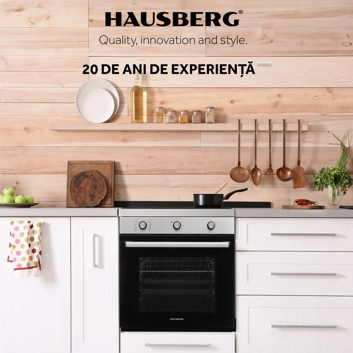 Cuptor incorporabil Hausberg HB-8053IN, Electric, Putere 2225 W, 71 l, 8 Functii, Ventilatie, Timer, Clasa A, Negru/Inox