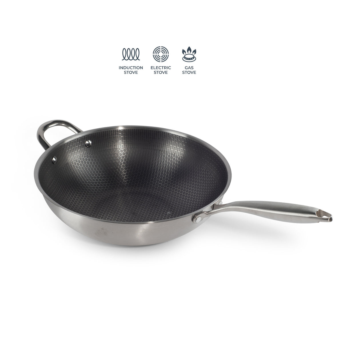Tigaie wok 34cm Hausberg HB-H LUX 848 inox inducție interior fagure antiaderent
