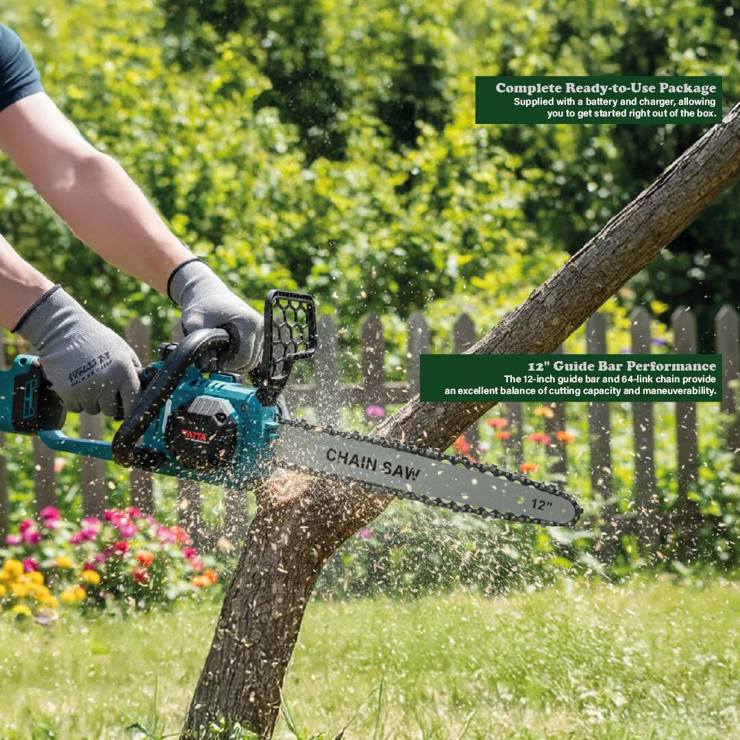 Fierăstrău cu Lanț și Acumulator Tatta TD-5311, Motor Brushless 1000W, 21V, 6000 RPM, Lame 12" (30cm), Baterie Li-Ion 2.0Ah cu 10 Celule