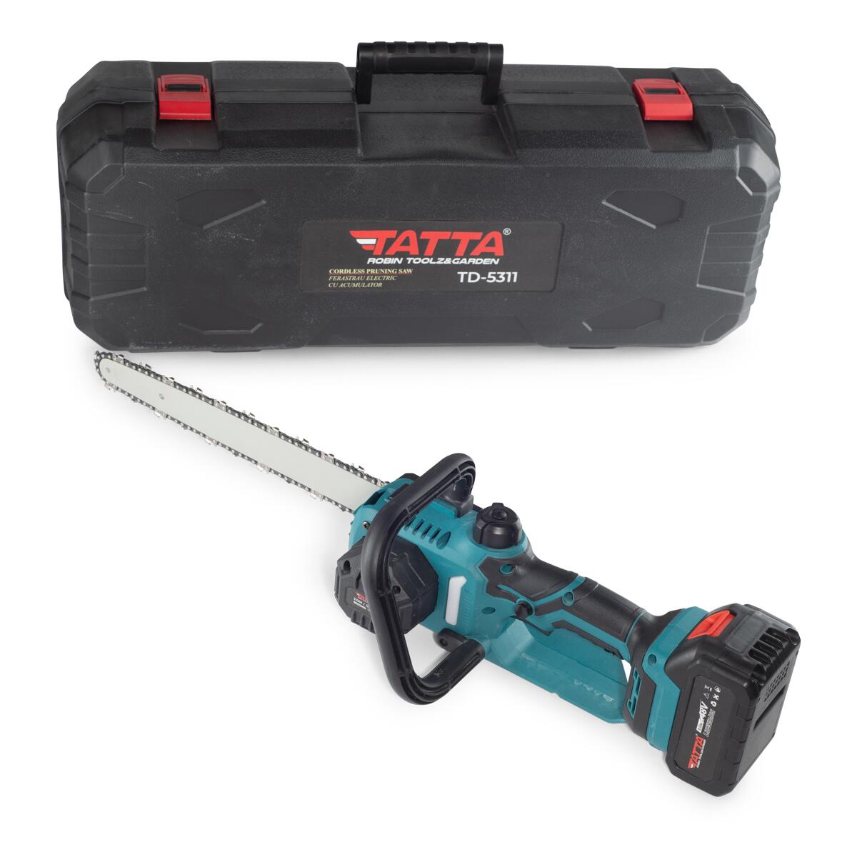 Fierăstrău cu Lanț și Acumulator Tatta TD-5311, Motor Brushless 1000W, 21V, 6000 RPM, Lame 12" (30cm), Baterie Li-Ion 2.0Ah cu 10 Celule